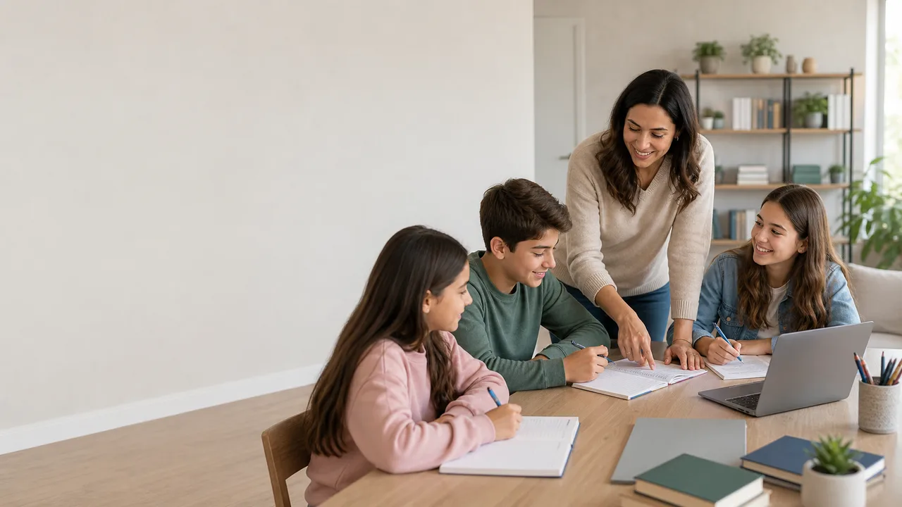 Tutor helping students during a structured study session